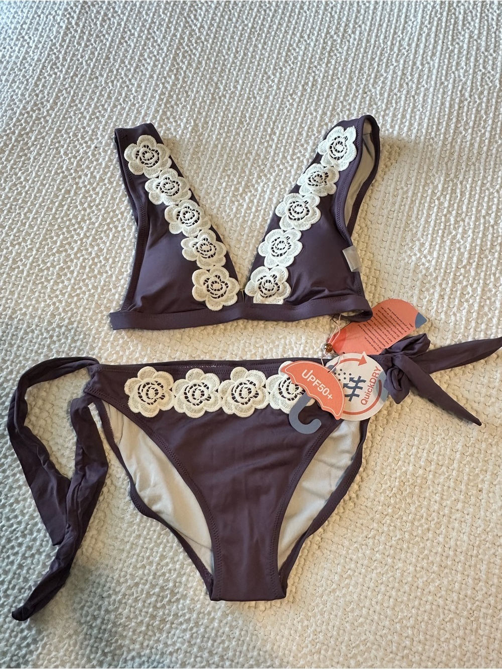 Crochet Floral Accent Appliqué Purple Bikini Set UPF 50 quick dry